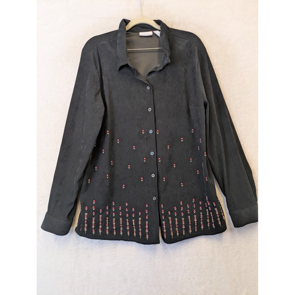 Cascade Blue Womens Black Floral Embroidered Beaded Button Down Shirt Size L